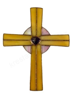 Kříž z opálového skla - s ametysty (střední 26,5 cm) jemně žluto fialový